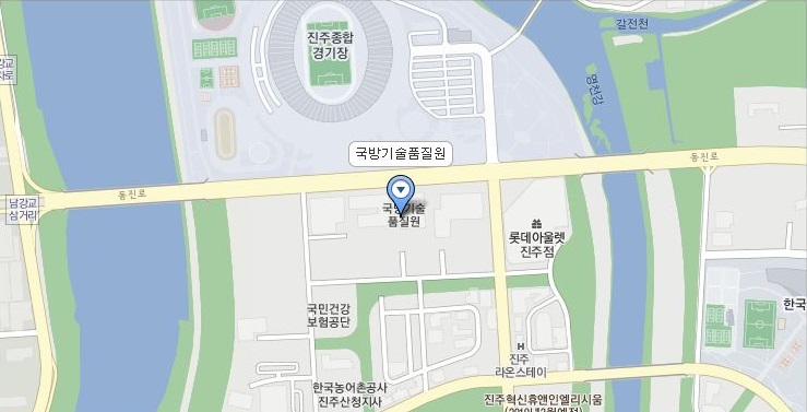 항공센터 지도 이미지 : 문산IC 이용 시 '시청, 상평공단, 진주종합경기장' 방면으로 좌회전한 뒤 약 2km 직진 후 좌측 건물